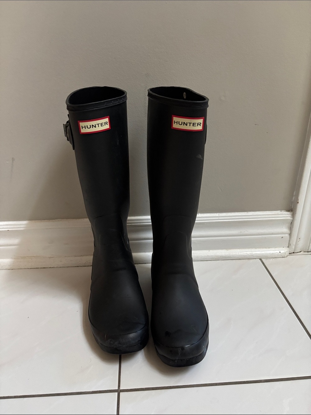 Hunter Black Tall Gloss Rubber Rain Boots with Buckle